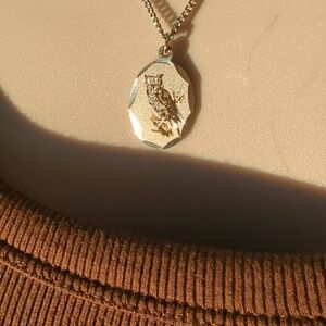 Vintage B-Line Pewter Owl Necklace - Scalloped Oval Pendant - Signed